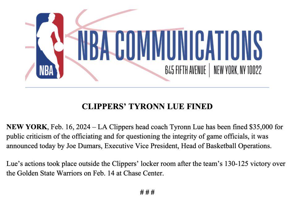 NBA官宣:卢帅吐槽裁判被罚3.5万 上次骂裁判后带领骑士逆转夺冠 NBA官宣:卢帅吐槽裁判被罚3.5万 上次骂裁判后带领骑士逆转夺冠